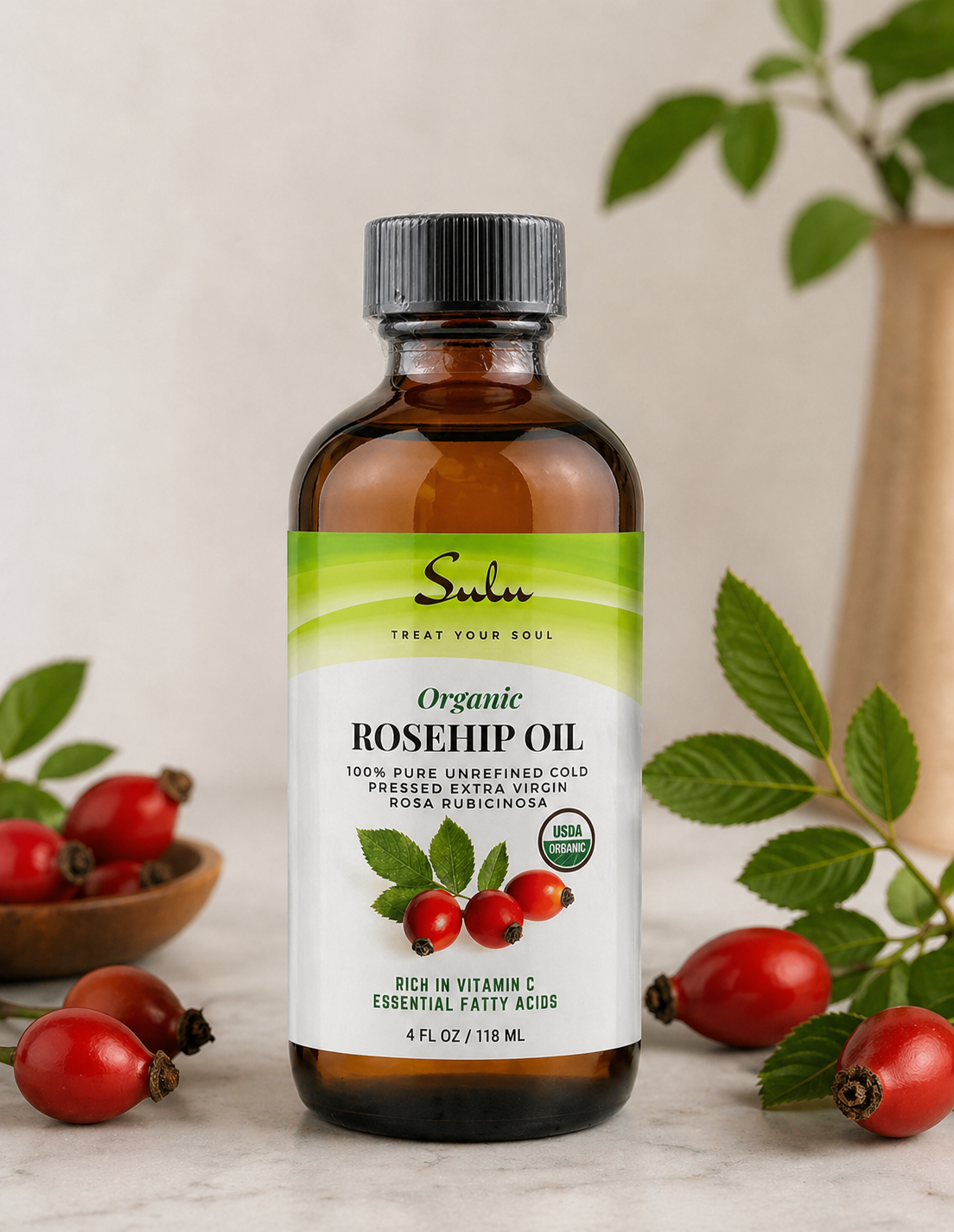 organic cold pressed rose hip seed oil SULU ORGANICS 100% Pure Organic Unrefined Cold Pressed Rosehip Oil-Rosa Rubiginosa (4 fl.oz)